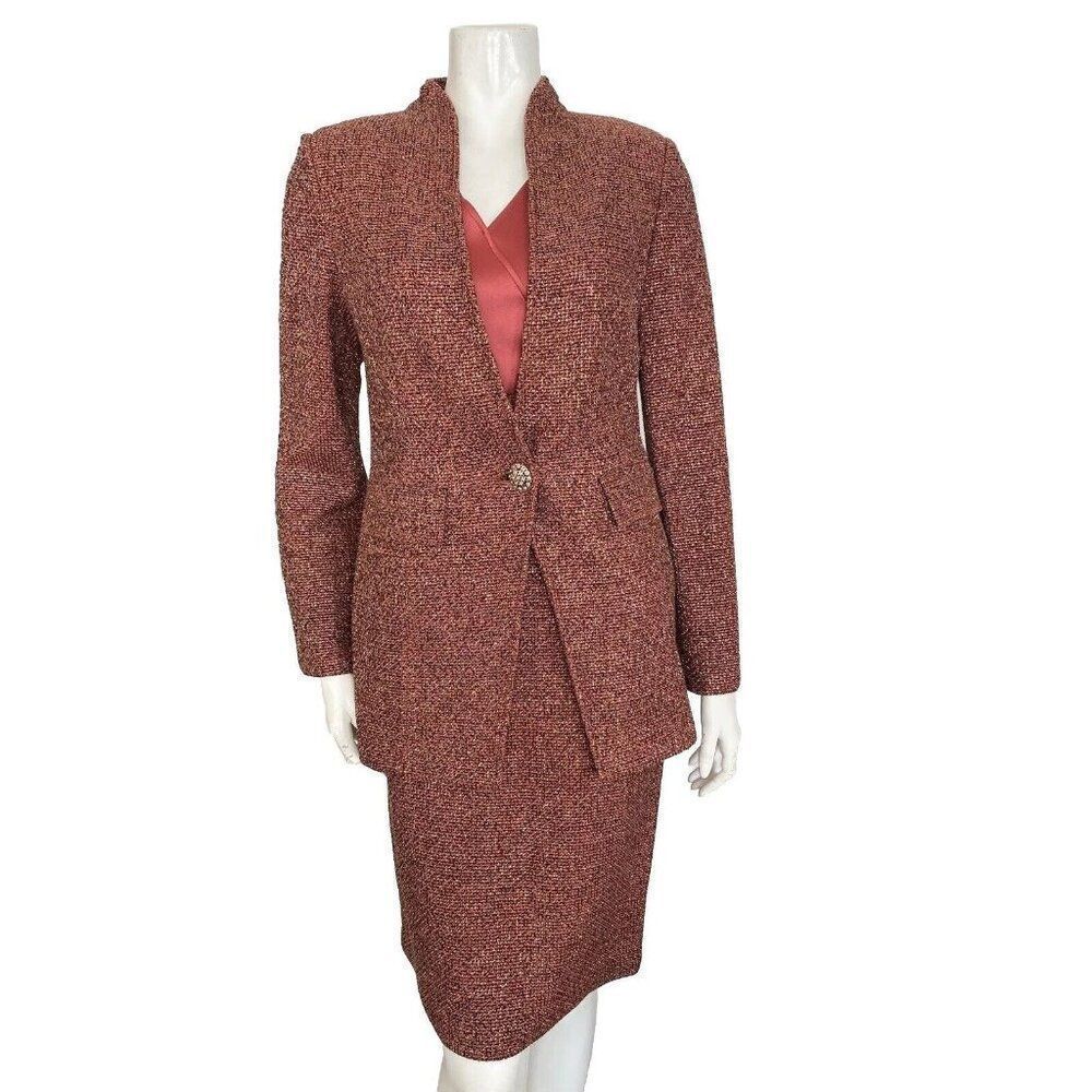 St. John Suit Dress Set Size 6 Metallic Tweed Pink Salmon Wool Blend Gold Coral